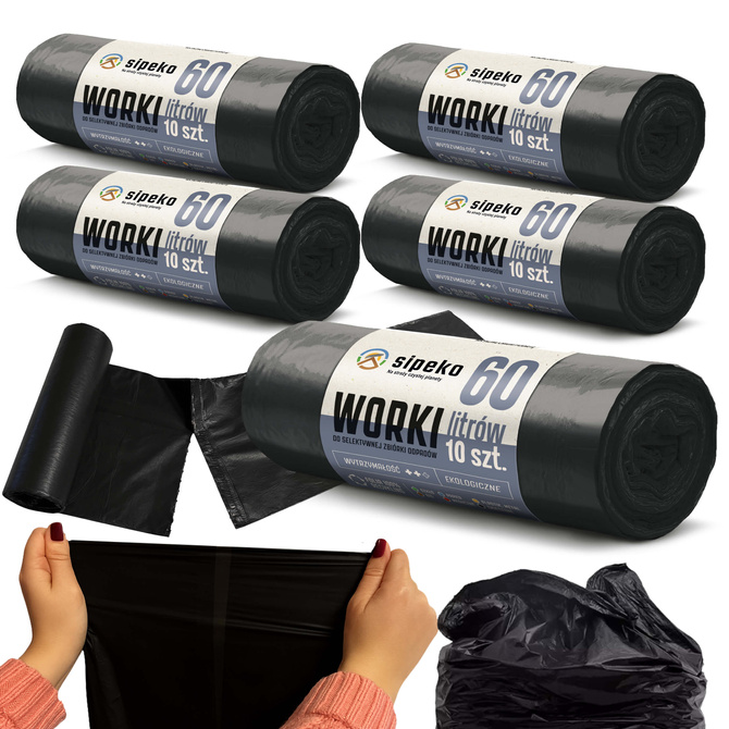 Worki na śmieci odpady zmieszane mocne czarne LDPE ATEST 60l 50szt SIPEKO