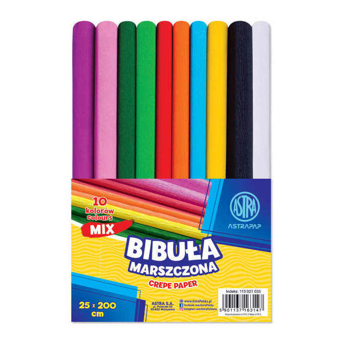 Bibuła marszczona krepina 20g/m2 zestaw 10 kolorów 25x200cm ASTRA