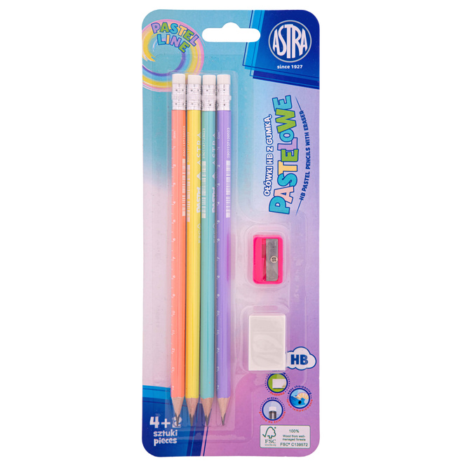 Ołówek HB trójkątny 4szt +gumka temperówka ASTRA