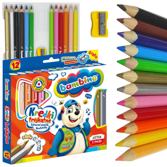 Kredki ołówkowe trójkątne grube JUMBO 12 kolorów +temperówka BAMBINO