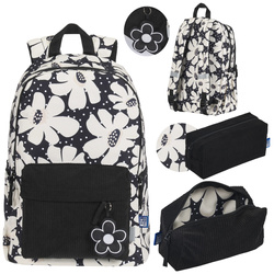 Plecak szkolny młodzieżowy 26l+ piórnik czarny kwiatki sztruks Bloom OXFORD