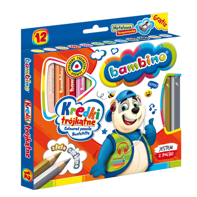 Kredki ołówkowe trójkątne grube JUMBO 12 kolorów +temperówka BAMBINO