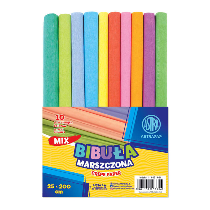 Bibuła marszczona krepina 20g/m zestaw 20kol 25x200cm pastelowa podstawowa