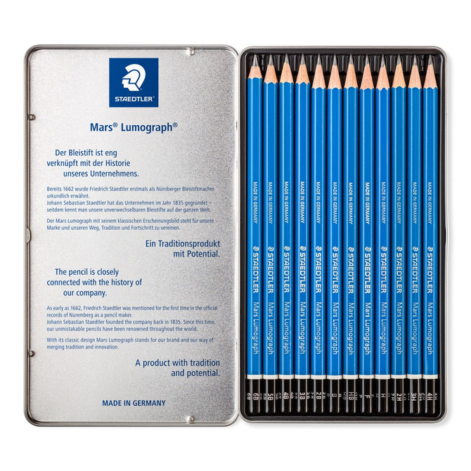 Zestaw ołówek 12szt 6B-4H metalowym pudełku etui Mars Lumograph STAEDTLER