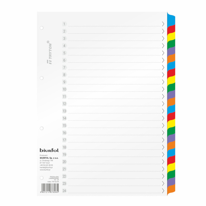 Przekładki do segregatora A4 numeryczne laminowane 24 sztuki 170g BIURFOL