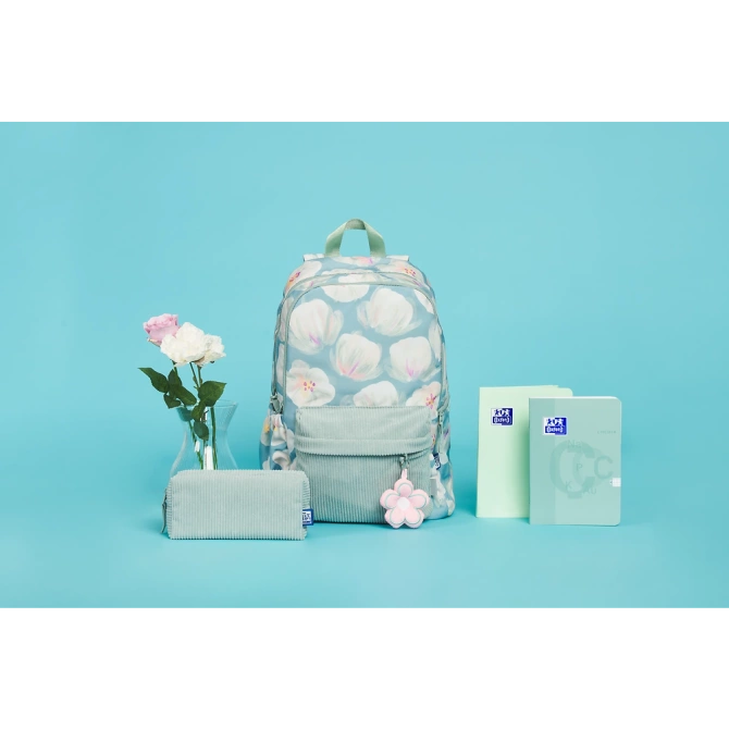 Plecak szkolny młodzieżow 26l+ piórnik miętowy kwiatki sztruks Bloom OXFORD