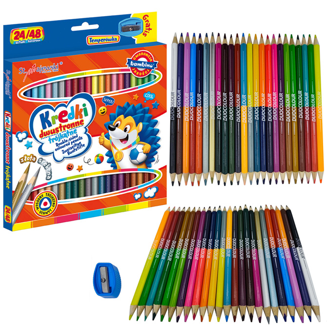 Kredki ołówkowe dwustronne trójkątne 24/48 kolorów +temperówka BAMBINO
