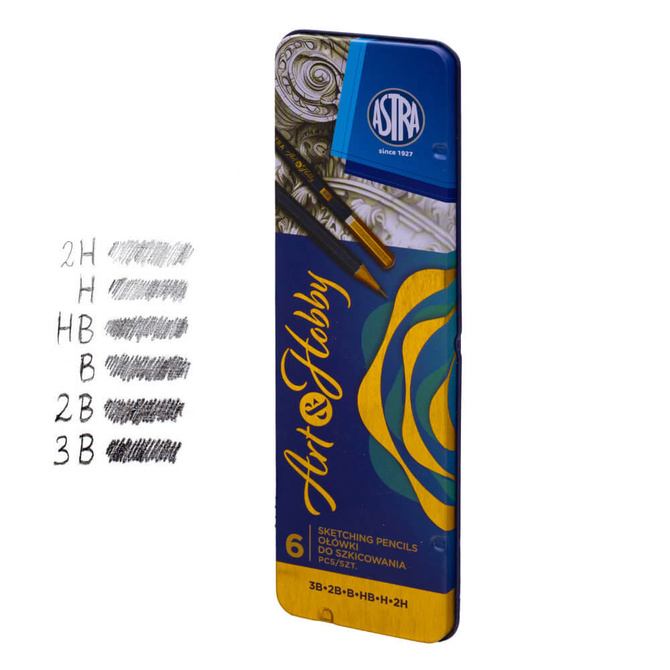Zestaw ołówek 6szt 3B do 2H do szkicowania w metalowym etui Art&Hobby ASTRA