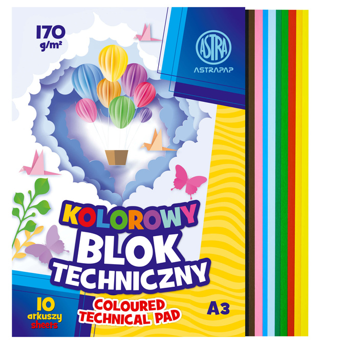Blok techniczny A3 kolorowy 10 kartek 170g/m2 ASTRA