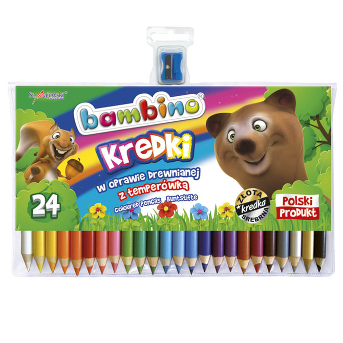 Kredki ołówkowe grube Jumbo 24 kolorów + temperówka BAMBINO