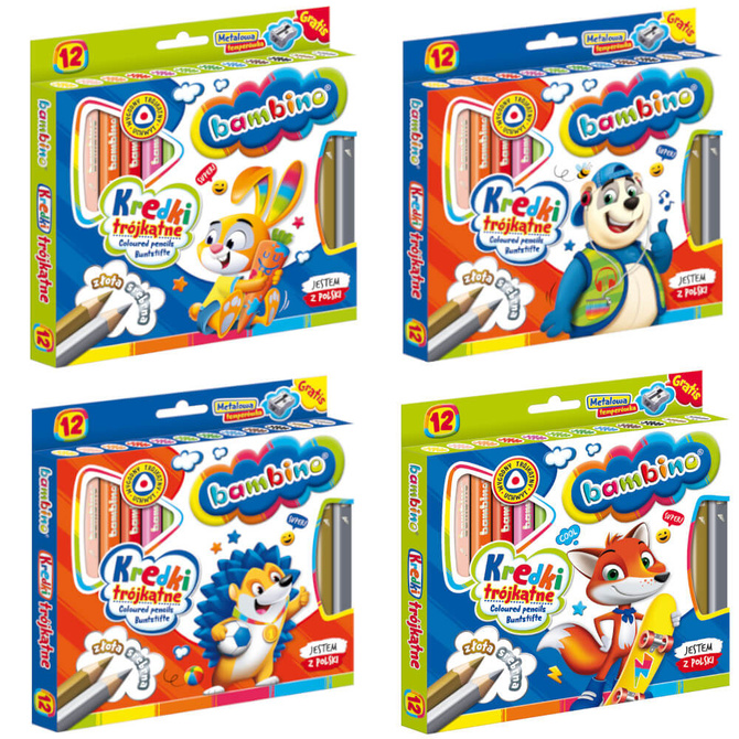 Kredki ołówkowe trójkątne grube JUMBO 12 kolorów +temperówka BAMBINO