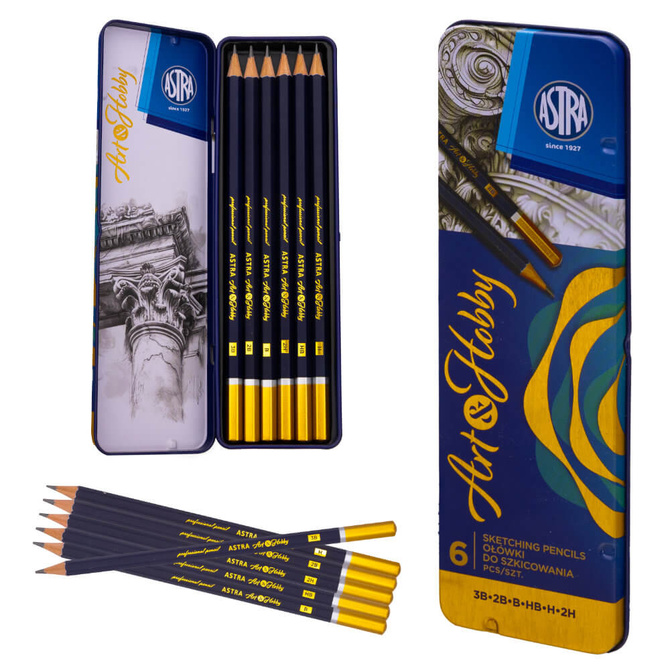 Zestaw ołówek 6szt 3B do 2H do szkicowania w metalowym etui Art&Hobby ASTRA