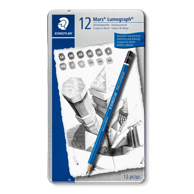 Zestaw ołówek 12szt 6B-4H metalowym pudełku etui Mars Lumograph STAEDTLER