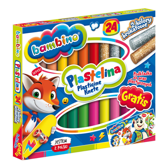 Plastelina szkolna 24 kolory +podkładka do prac plastycznych BAMBINO