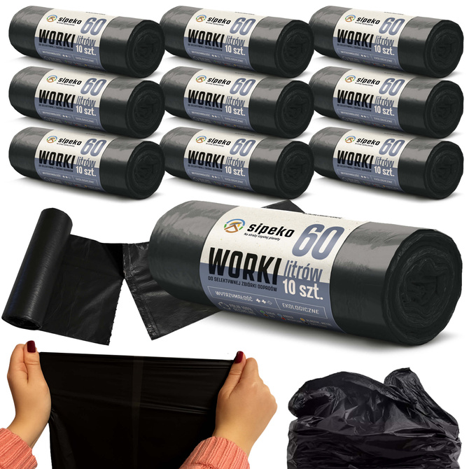 Worki na śmieci odpady zmieszane mocne czarne LDPE ATEST 60l 100szt SIPEKO