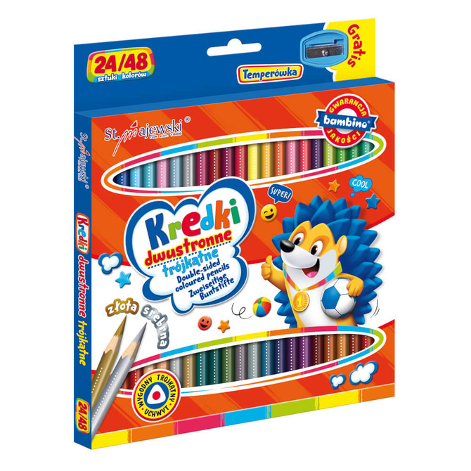 Kredki ołówkowe dwustronne trójkątne 24/48 kolorów +temperówka BAMBINO