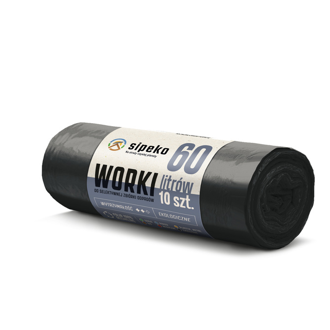 Worki na śmieci odpady zmieszane mocne czarne LDPE ATEST 60l 10szt SIPEKO