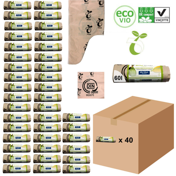 Worki biodegradowalne kompostowalne ATEST 60L 400 sztuk 40 rolek SIPEKO