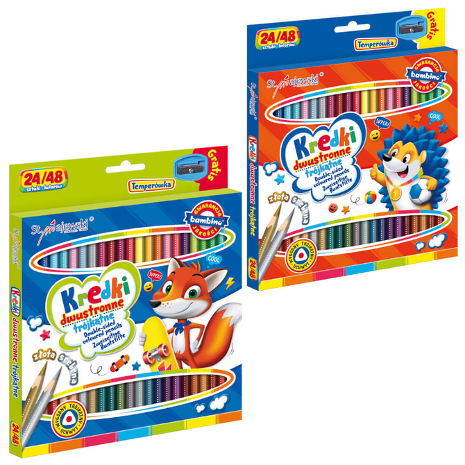 Kredki ołówkowe dwustronne trójkątne 24/48 kolorów +temperówka BAMBINO